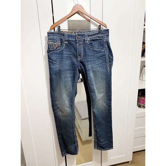 Rock Revival Ziv A3 Straight Leg Jeans Distressed Dark Wash Denim Mens Size 36 - Picture 2 of 14